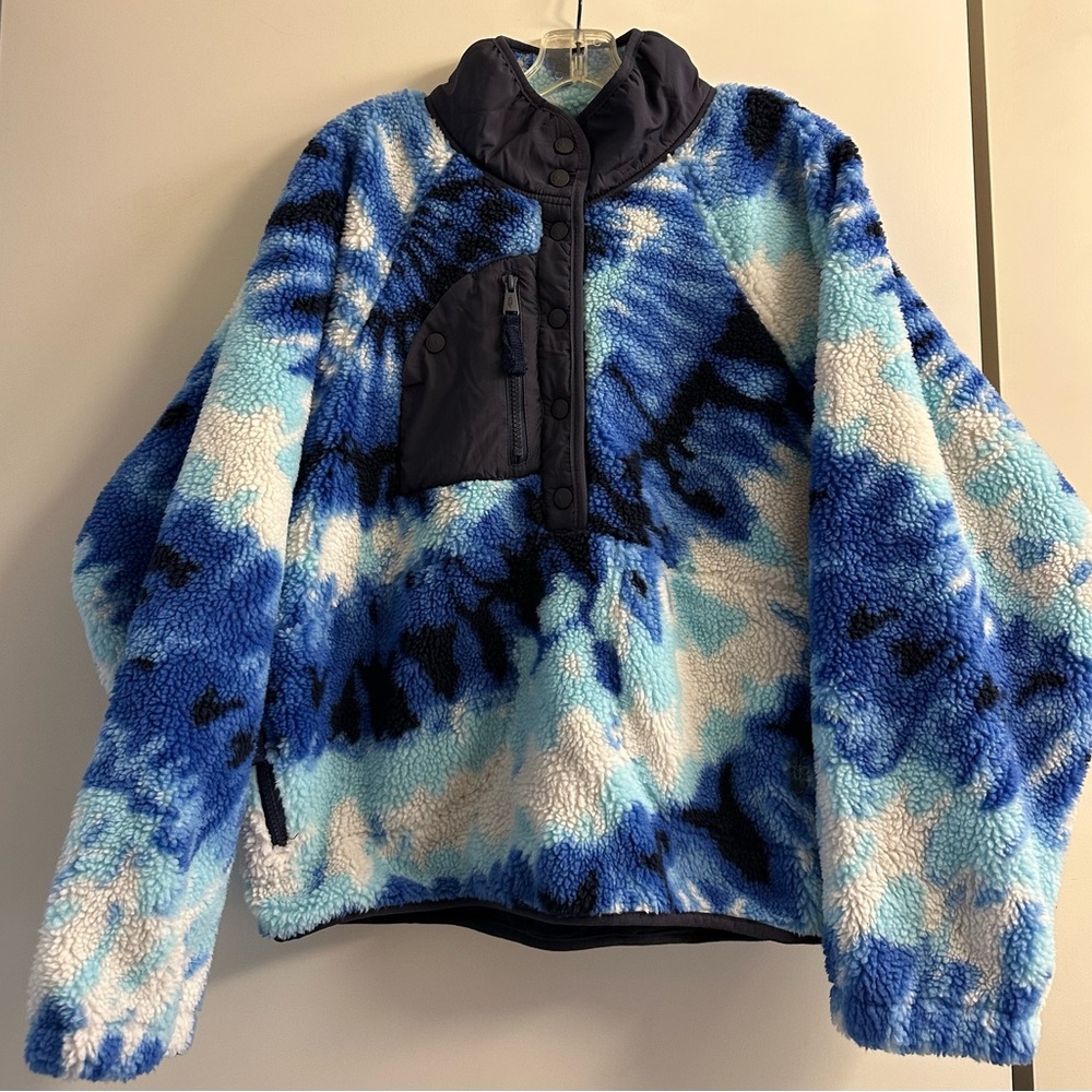 New Free People Rocky Ridge Pullover Fleece Jacket Blue Tie Dye - Size L